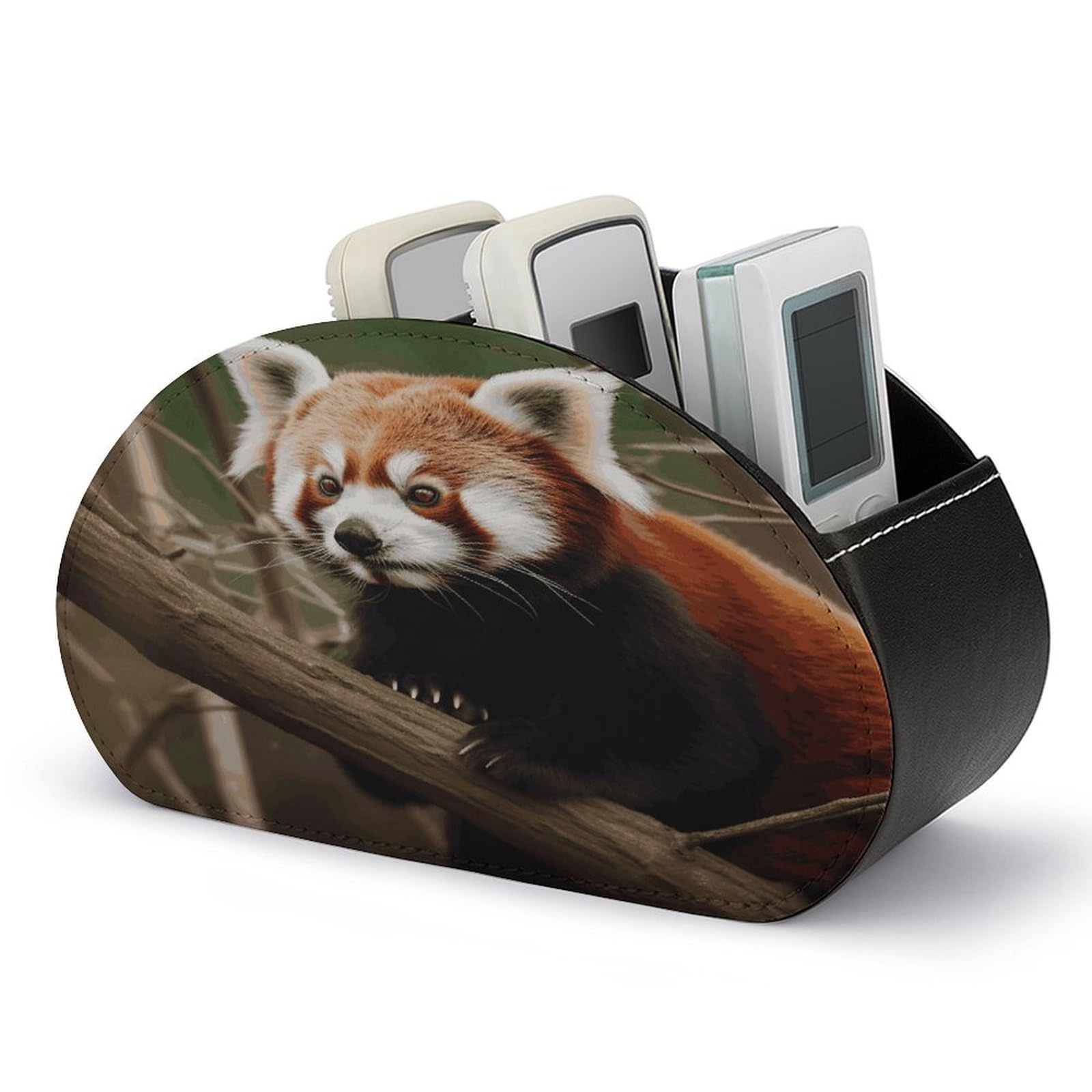FekiLoot Red Panda on Tree Branch TV Remote Control Holder with 5 Compartments Multi-functional Leather Bedside Table Remote Caddy Desktop Storage Box for Store Pen Controller Media Player Cosmetic