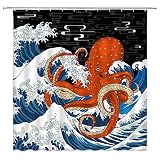CCNSTMS Cool Octopus Shower Curtain Blue Ocean Great Wave Red Kraken Tentacles Nautical Marine Life