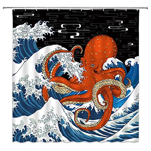 Ccnstms Cool Octopus Shower Curtain Blue Ocean Great Wave Red Kraken Tentacles Nautical Marine Life Vintage Japanese Art Modern Fabric Bath Decor Curtain Set With Hook #TOP12
