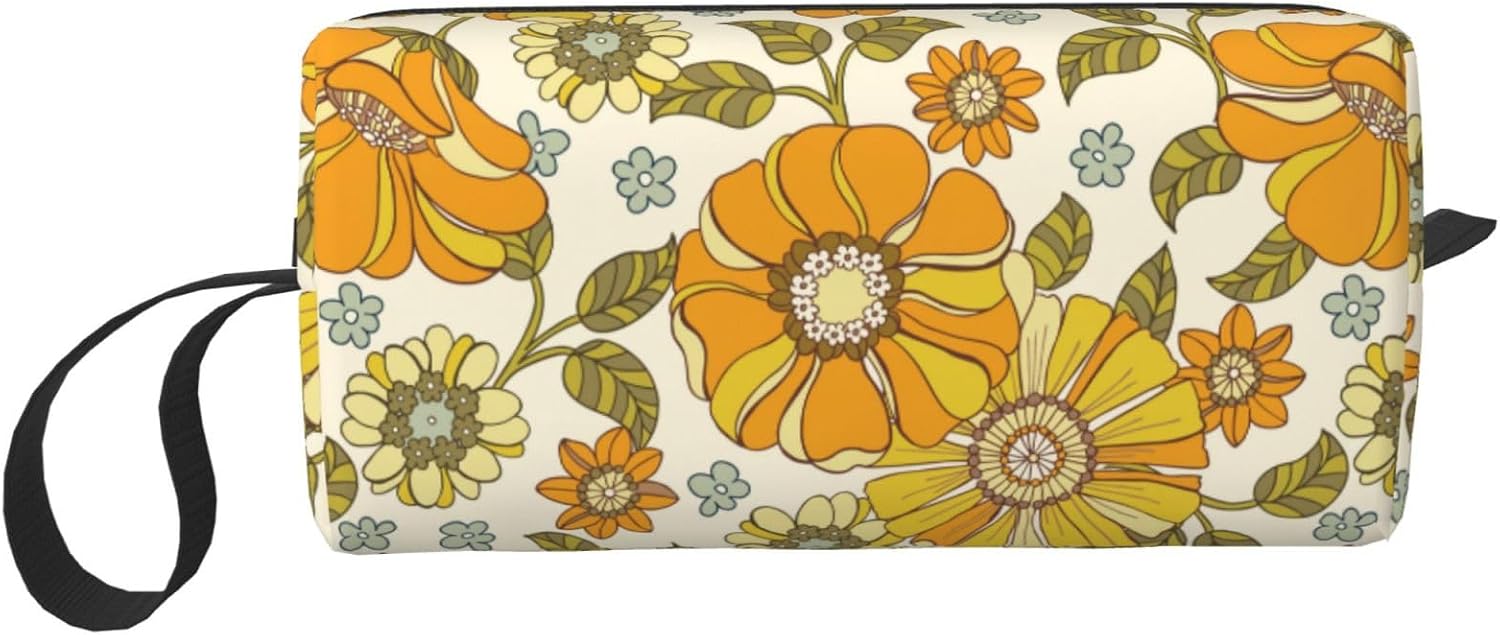 Floral Retro Vintage Flower Makeup Bag Organizer Small Cosmetic Bags Portable Travel Toiletry Bag With Handle Simple Accessories Storage Zipper Pouch For Women Girl