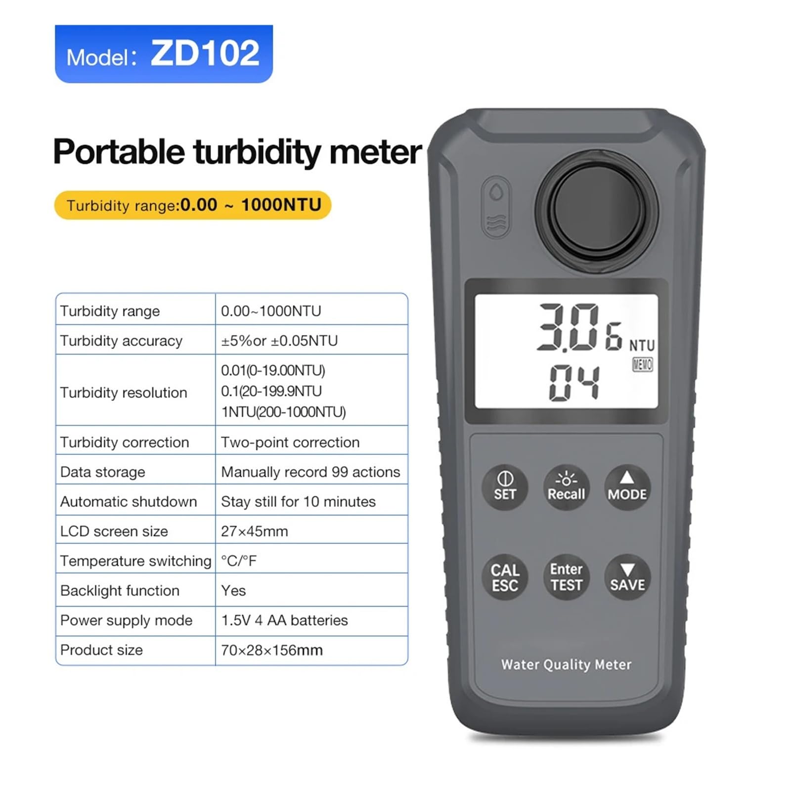 Multiparameter-Wasserqualitätstester Tragbares Tragbares Trübungsmessgerät Mit LCD-Display 0,00-1000 NTU für die Pflanzenweinindustrie(Turbidity Meter)