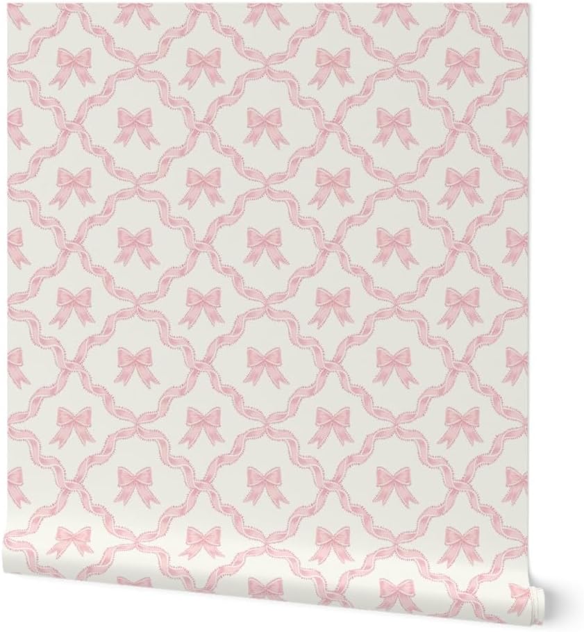 Peel & Stick Wallpaper Swatch - Chinoiserie,Ribbon Trellis,Baby Girl,Pink Bows,Blush Pink,Alabaster Ivory Custom Removable Wallpaper by Spoonflower