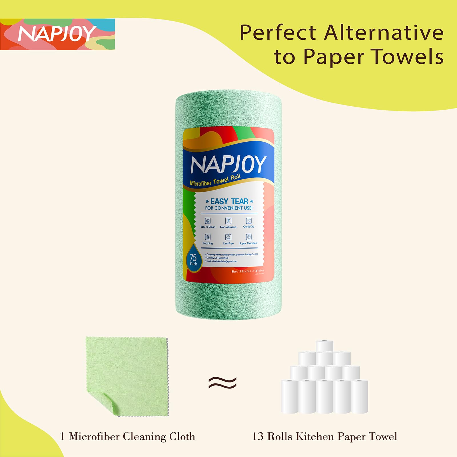 Napjoy Rollo de paño de limpieza de microfibra, toallas de papel reutilizables fáciles de quitar, paquete de 75 paños de microfibra ultra suaves para cocina, limpieza, ventana, coche, jardín, baño,