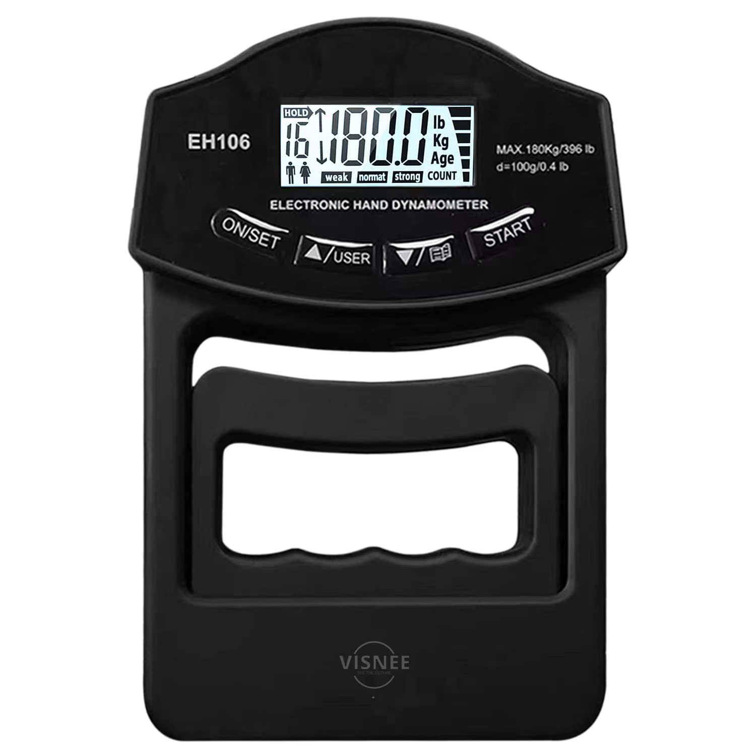 VISNEE Newest Hand Dynamometer Grip Strength Measurement Meter/Trainer, Auto Capturing Electronic Hand Grip Power Up to 396lb/180Kg (No Battery Required,Direct Use) Black