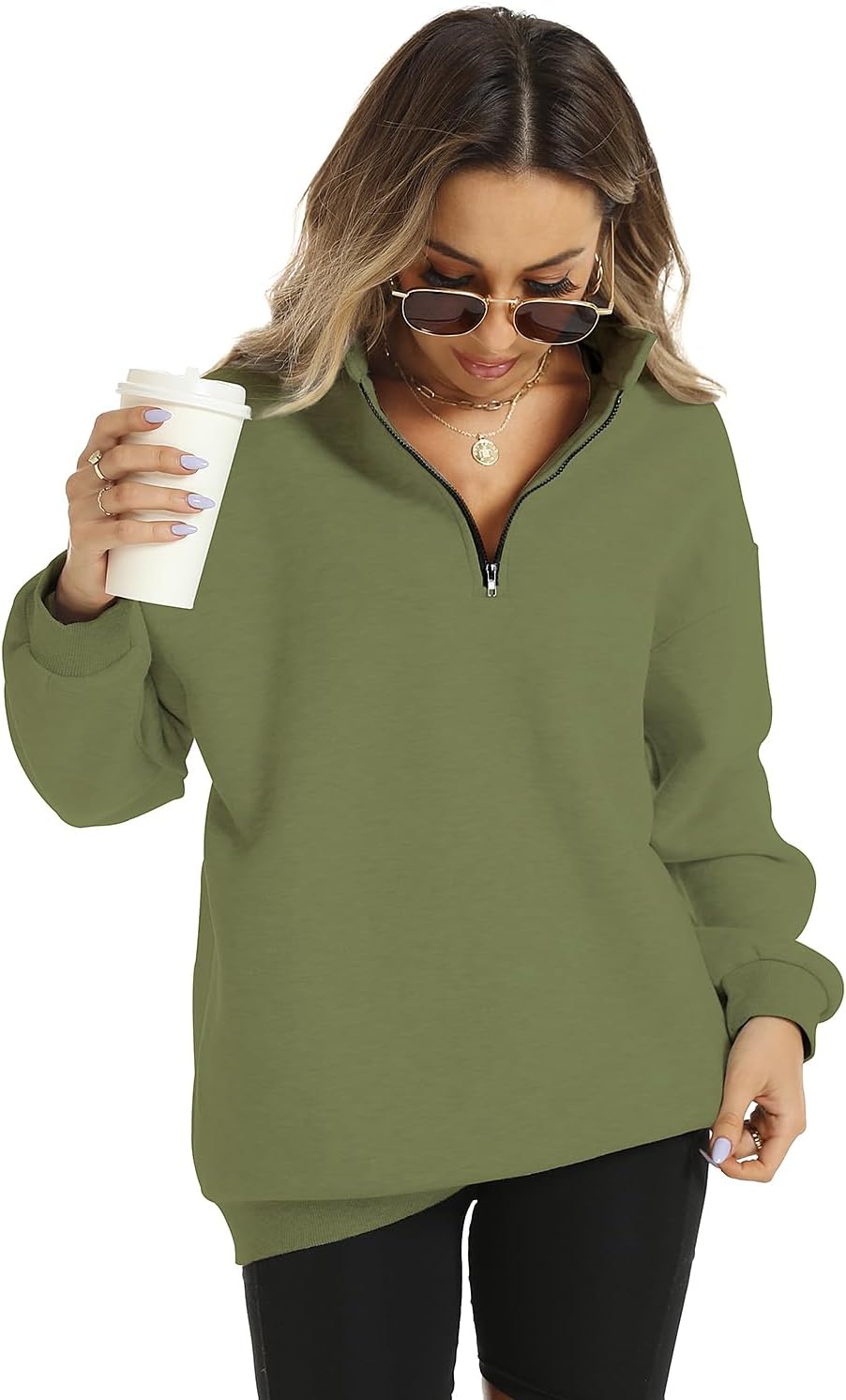 FANCYINN Womens Pullover Oversized Sweatshirt Half Zip Lapel Long Sleeve Drop Shoulder Teen Girls Fleece Sports Tops - Image 5