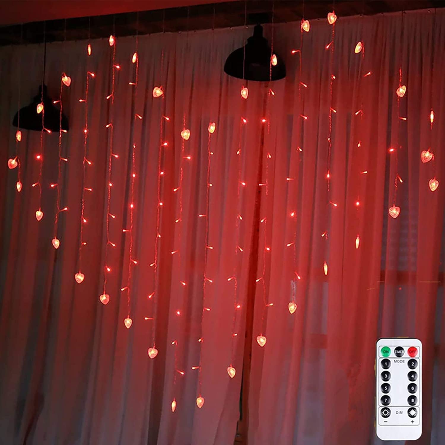 AZHU Cascata Luci Da Esterno, 124 LED 2 m x 1,5 m Luce Per Tenda Da Fata Lampadario a Forma Di Cuore Telecomando/alimentazione a Batterie o Per Decorare la Camera Da Letto Della Festa (rosso)