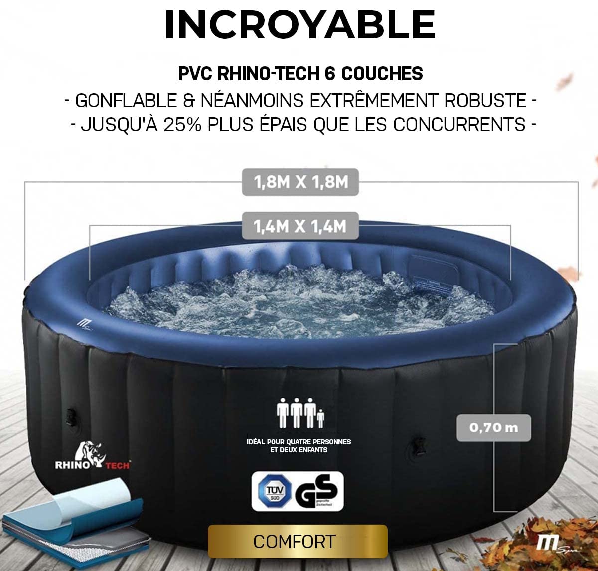 Miweba MSpa Spa Gonflable Extérieur Bergen C-BE041 | Rond ⌀ 180,0 cm - Spa Gonflable 4 Personnes - Nettoyage UV-C - Jusqu'à 1077 L - 40°C - Télécommande - 118 Jets (4 Personnes)
