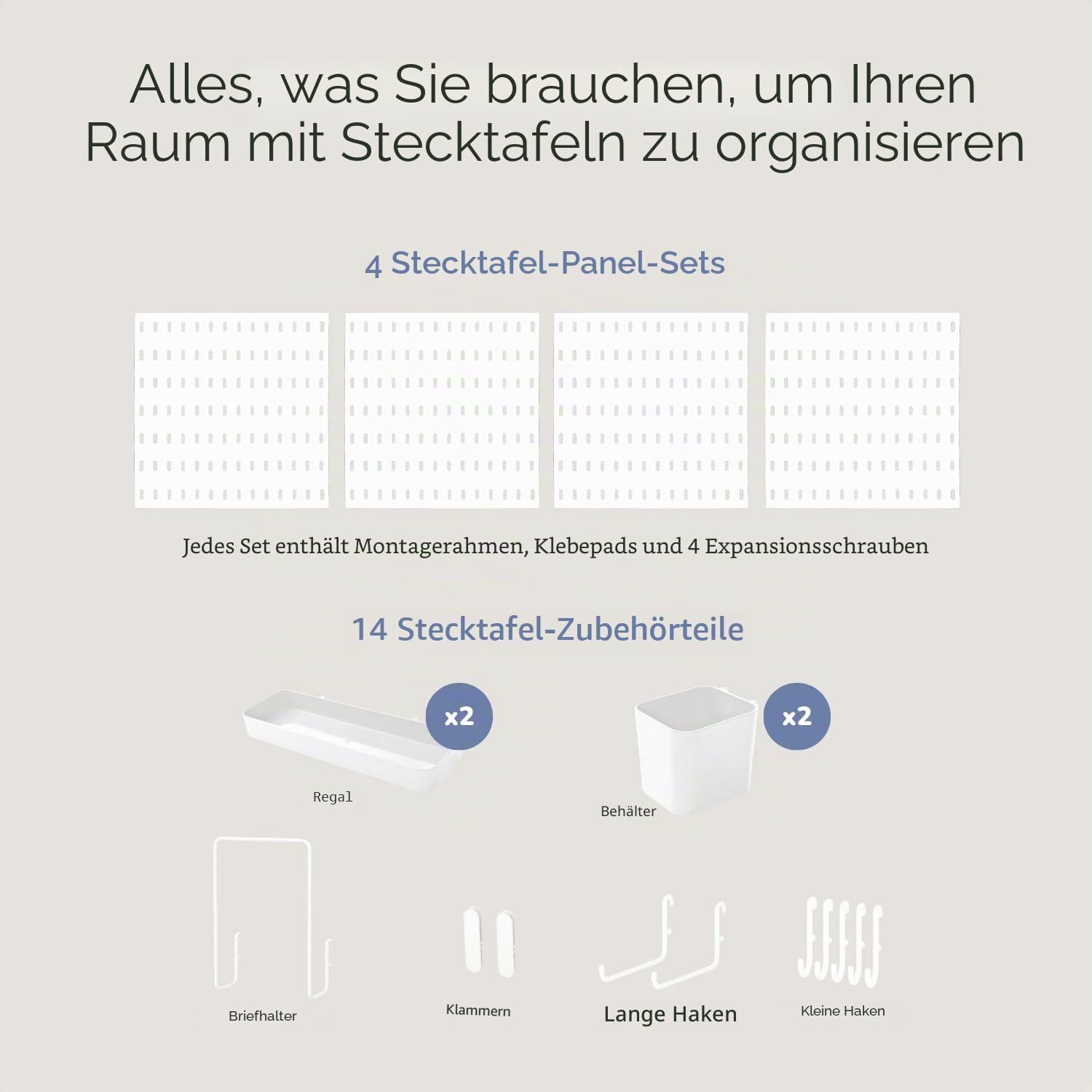 Keepo Stecktafel-Kombinationsset, Stecktafeln und Zubehör, modular zum Aufhängen für Wand-Organizer, Bastelorganisation, Ornament-Ausstellung, Kinderzimmer-Aufbewahrung, Stecktafel (Weiß, 22″×22″)