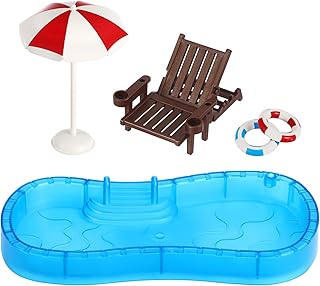 Miniature Beach Set of 5, Miniature Swimming Pool with Umbrella and Chairs, Simulation Beach Dollhouse Decoration for Kids Playhouse Toy, DIY Miniatures & Realistic Beachs Scene Display