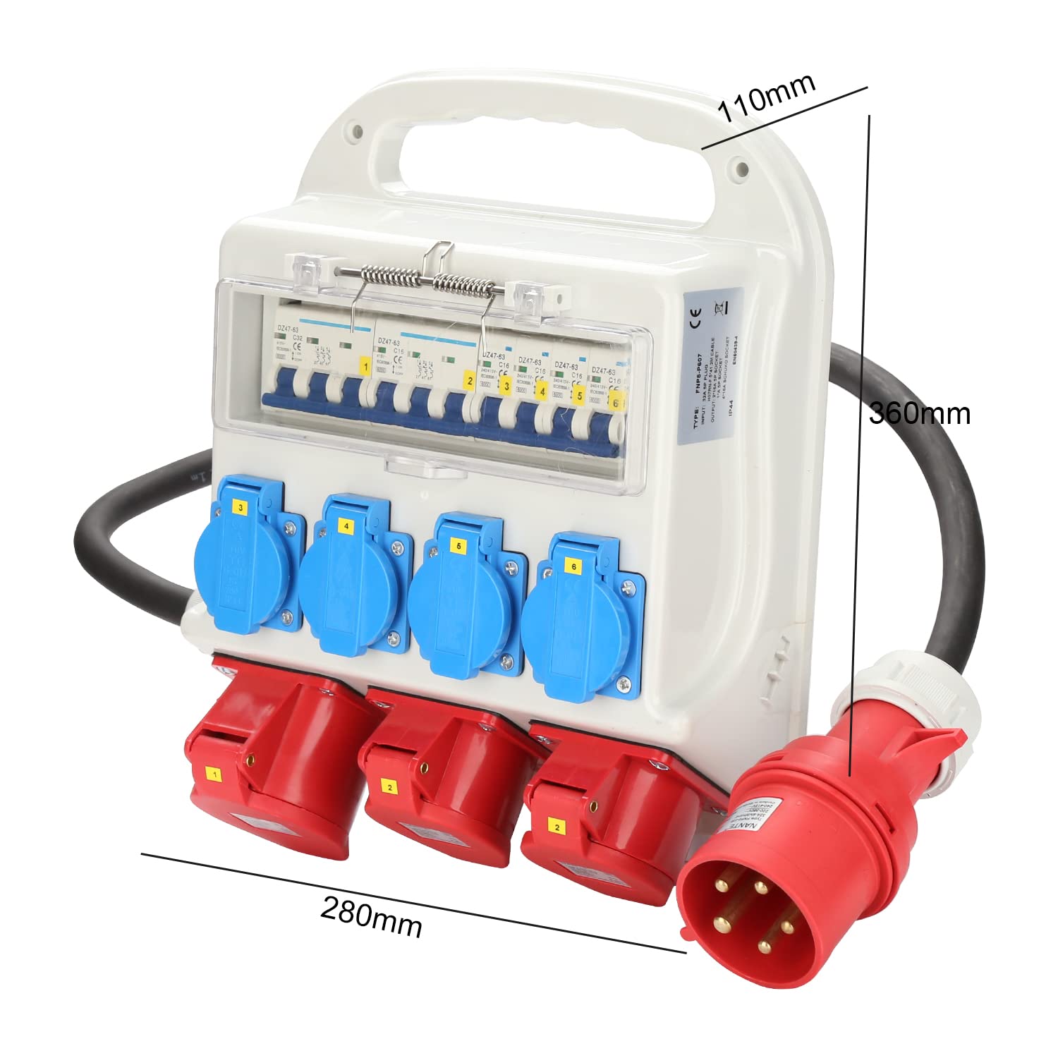 Herrselsam - Distribuidor de corriente para construcción, 2 CEE 16A 400V+1x CEE 32A 400V+4x 230V Schuko con cable de alimentación de 1,2 m con disyuntor, sitio interior exterior