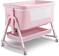 Uuoeebb 4-in-1 Portable Bedside Bassinet for Newborns - Wheels, Mosquito Net, Adjustable Height, Storage & Mattress (Pink)