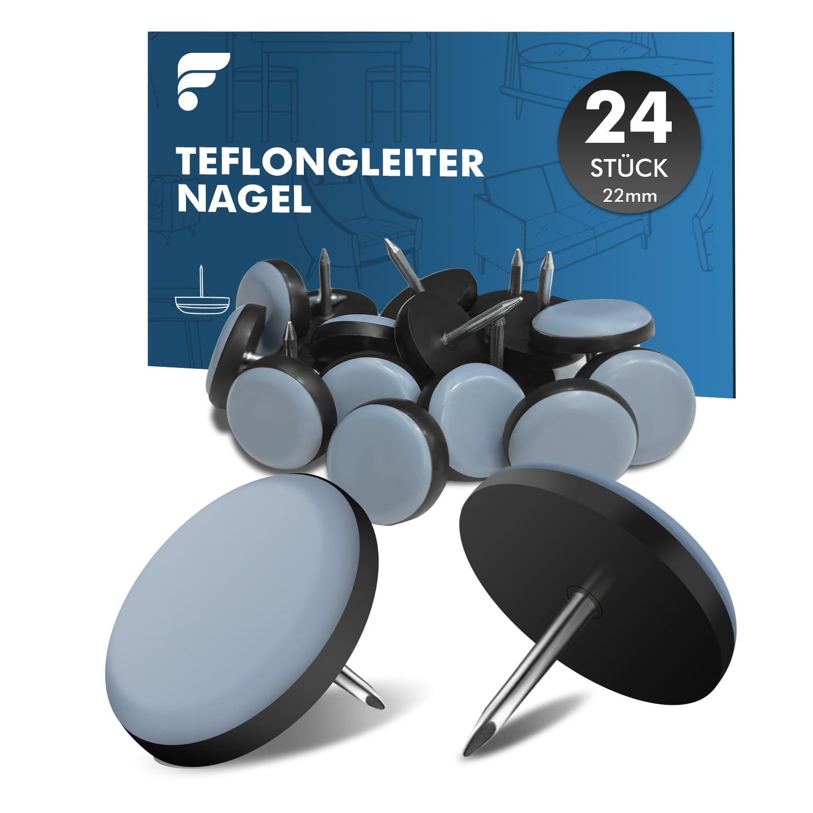 shinfly Möbelgleiter Teflon Set mit Nagel - 24 Stück Ø 22 mm Blau Runde Teflongleiter, Effektive Befestigung und Schutz für Möbel und Böden