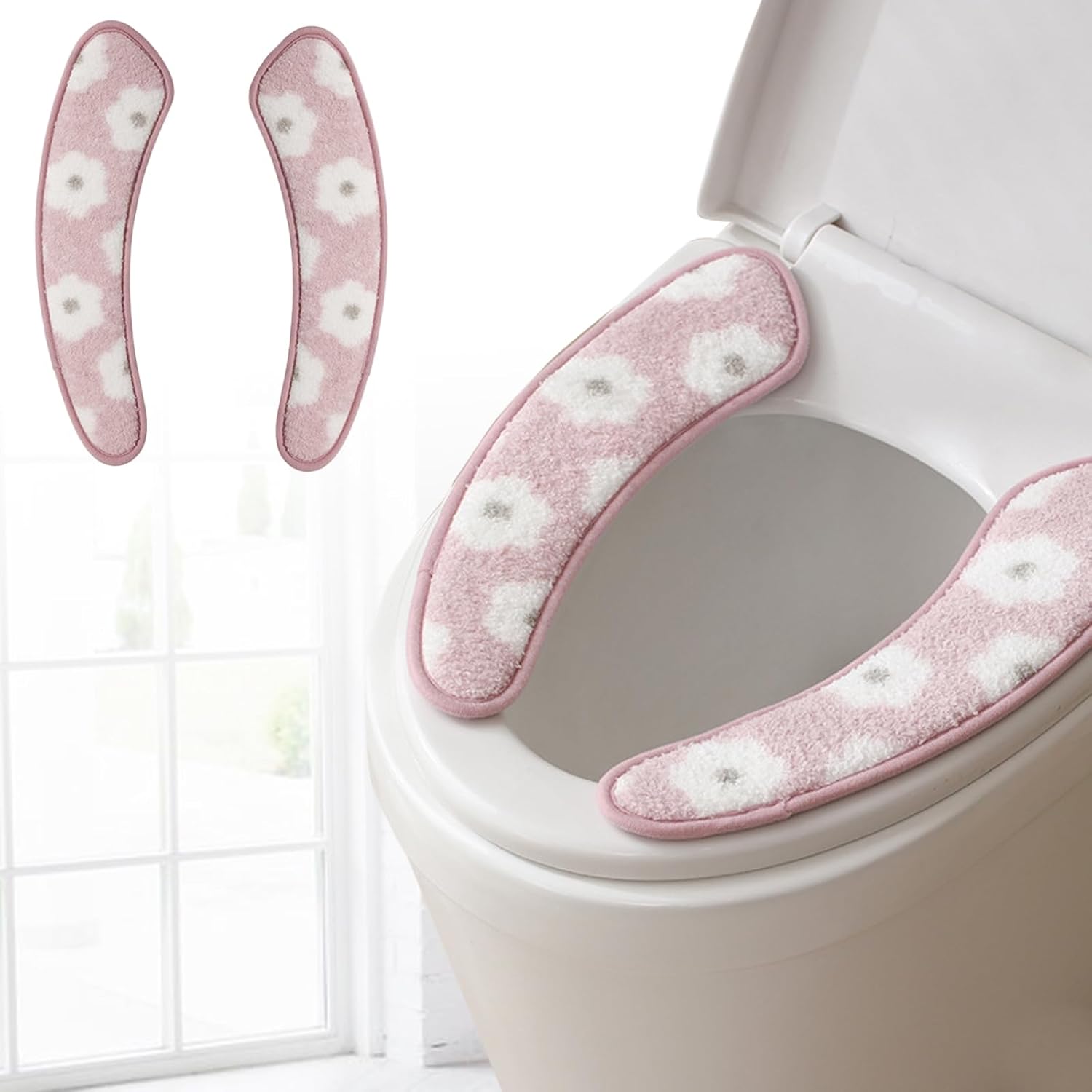 Thick and Warm Toilet Seat Cover – Washable, Reusable Cushion with TPR Adhesive & Floral Pattern for Comfort & Insulation (Pink)