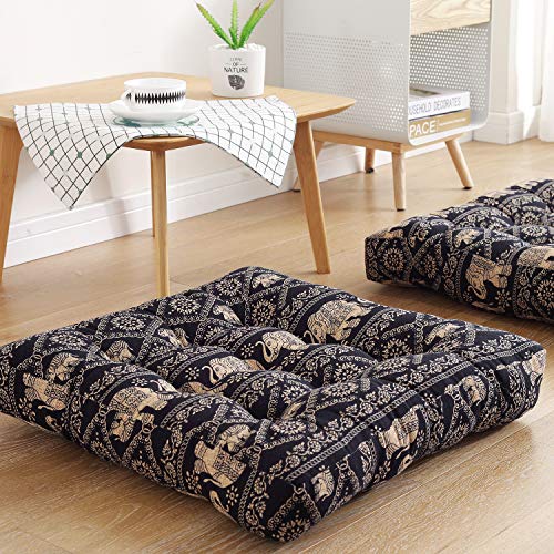 Boho Square Floor Seat Pillows Cushions 22" X 22", Soft Cotton Linen Bohemian Yoga Mandala Meditation Pouf Tatami Floor Pillow Cushion For Living Room Adults & Kids Casual Reading Nooks,Elephant B #TOP1