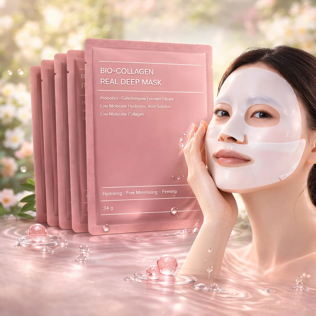Bio-Collagen Overnight Face Mask for Deep Hydration, Pigmentation, Anti-Aging | Korean Glass Skin Hydrogel Mask with Hyaluronic Acid, Niacinamide, Vitamin E for Men & Women | 4 Pcs