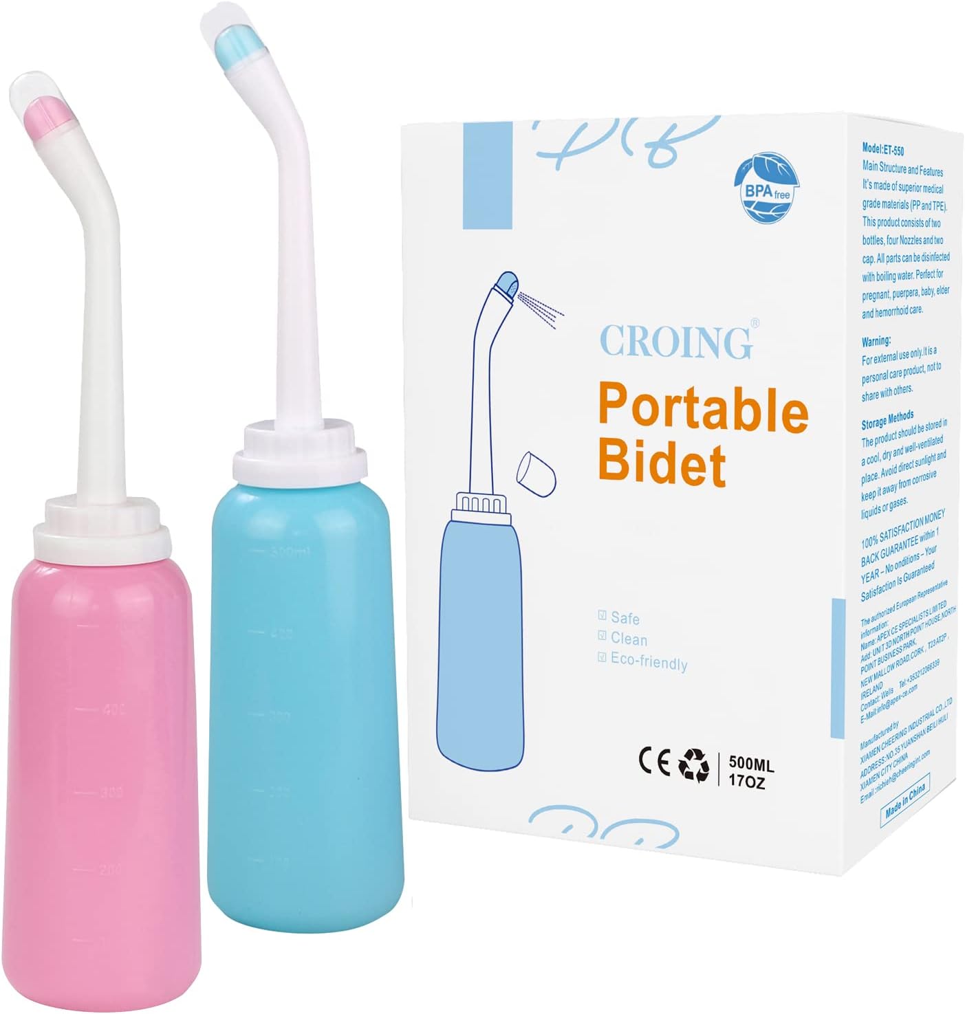 CROING 𝙋𝙤𝙧𝙩𝙖𝙗𝙡𝙚 𝘽𝙞𝙙𝙚𝙩 - 2PCS Portable Bidet - Squeeze Momwasher Bottle 500ml 17oz - Portable Shower-Travel Bidet Toilet Bottle for Adult Women,Postpartum Care,Hemorrhoids