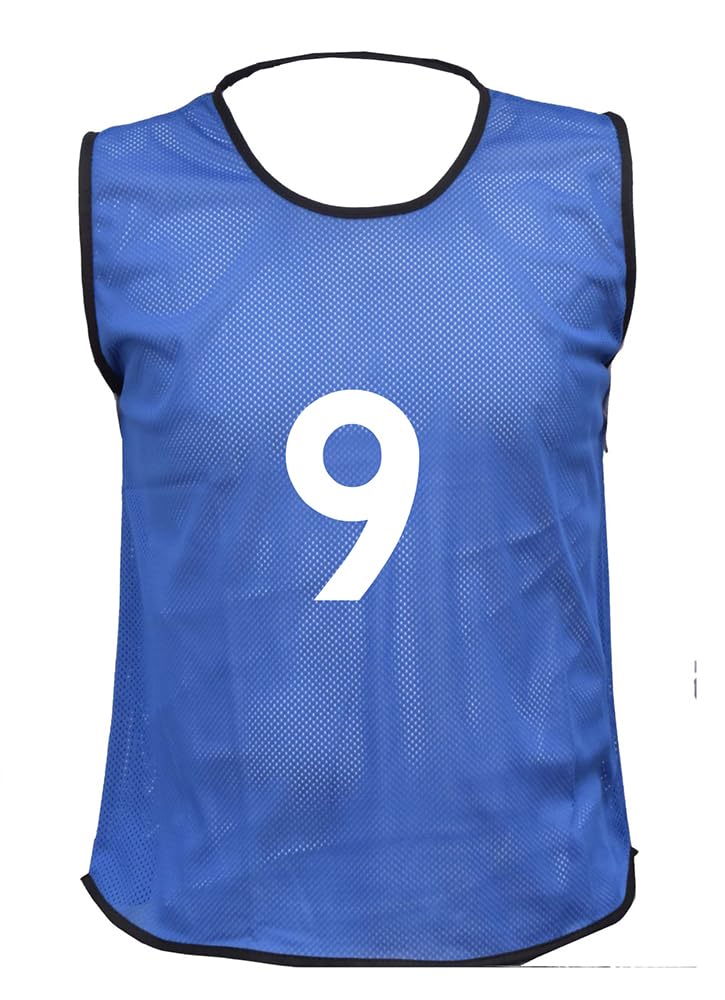 10 MESH BIBS FOOTBALL TRAINING SPORTS BIBS PRINTED NUMBER (1-10 OR number of your choice) Front & Back (Blue (Back Only), Small boys(U8's))