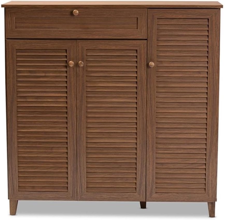Baxton Studio Coolidge Wood 11-Shelf and Drawer Shoe Cabinet in Walnut Brown