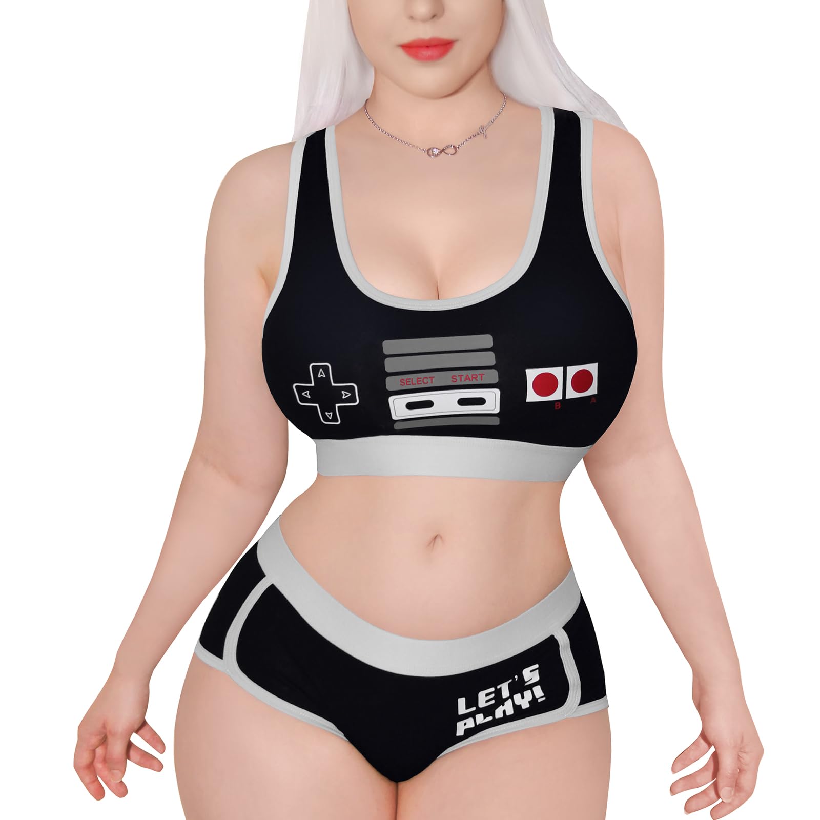 Littleforbig Women Cotton Camisole and Panties Sports loungewear Bralette Set - Let's Play Gamer Girl: Medium Black