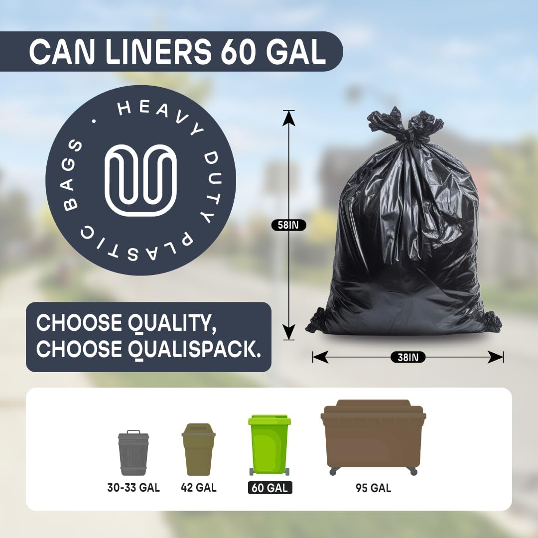 60 Gallon Can Liners | 38x58 Black 1.2 Mil | Heavy Duty Eco-Friendly Trash Bags | 100 Bags for Industrial, Commercial Use