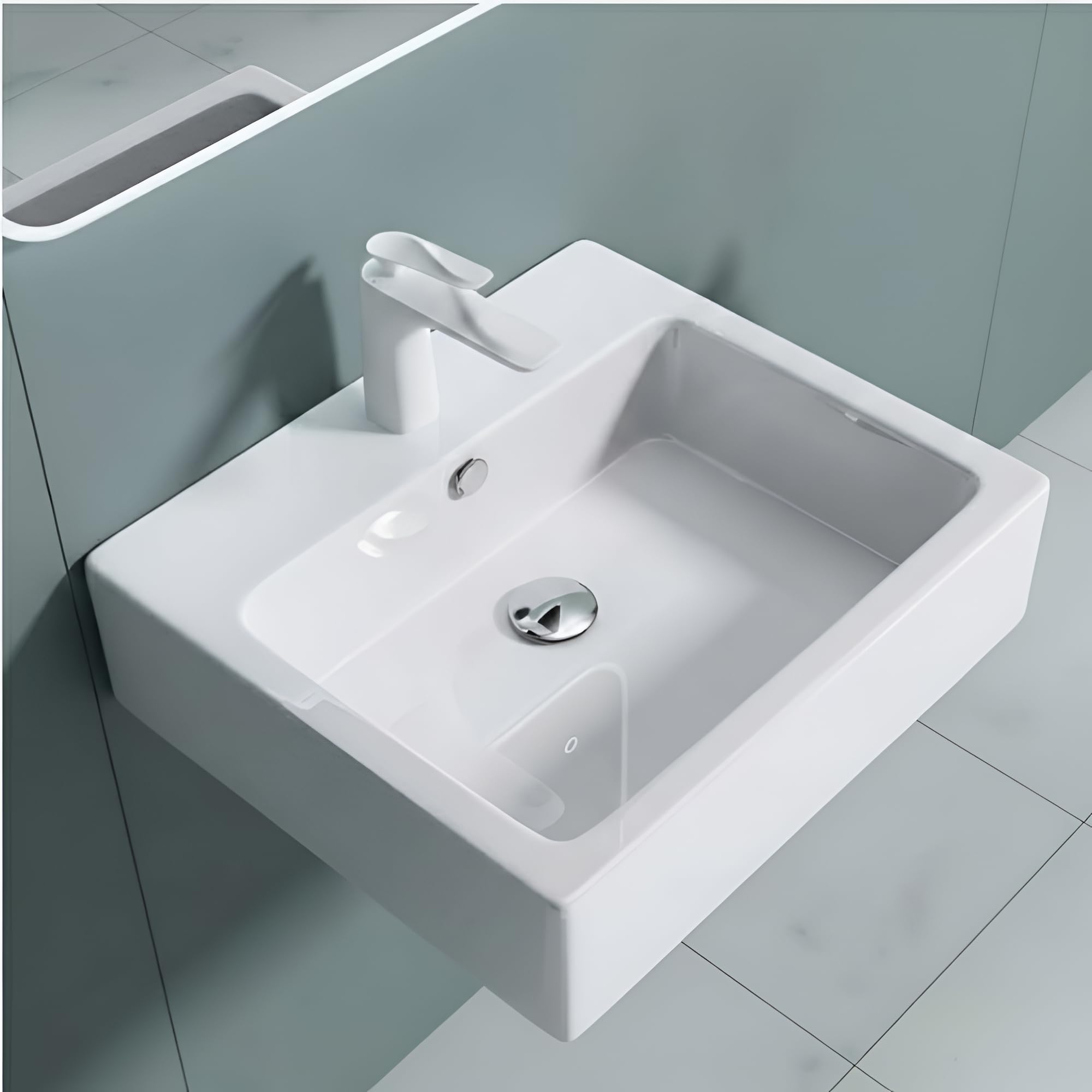 Durovin Bathrooms Ceramic Basin - Wall Hung or Counter Top Mount Sink - Single Tap Hole with Overflow - Square 530 x 410mm (WXD)