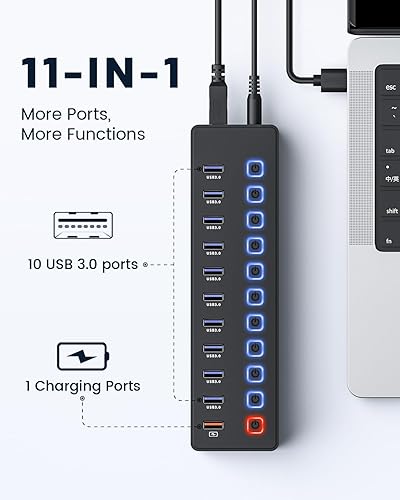 Miniatura 2 de Concentrador USB, concentrador USB alimentado, divisor de concentrador de 11 puertos, 10 puertos USB 3.0 de transferencia de datos + 1 puerto de