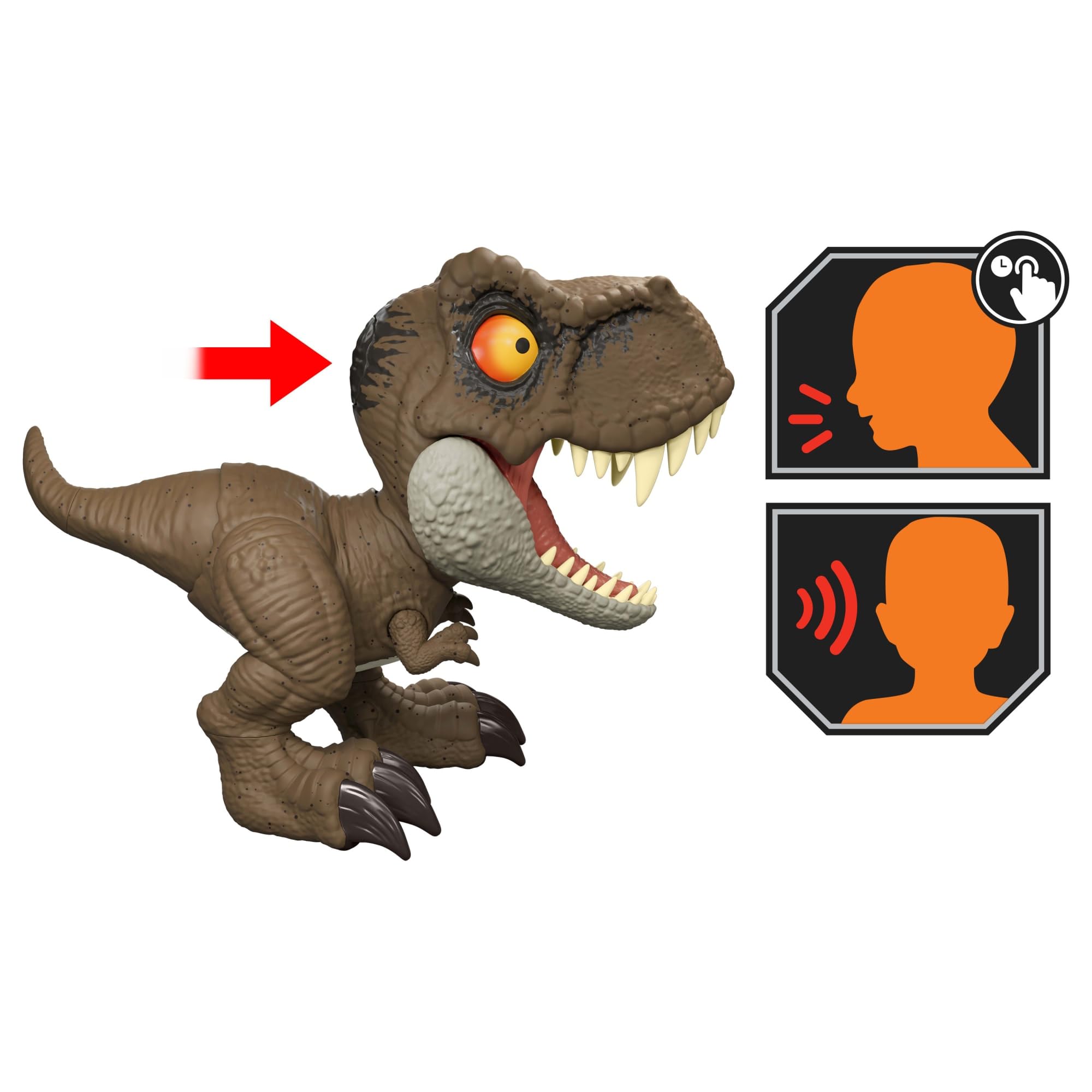 Mattel Jurassic World - T-Rex Roar Command, dinosauro parlante con attacco e ruggito attivabili dalla coda, registra la tua voce nella lingua dei dinosauri, giocattolo per bambini, 4+ anni, JCW01