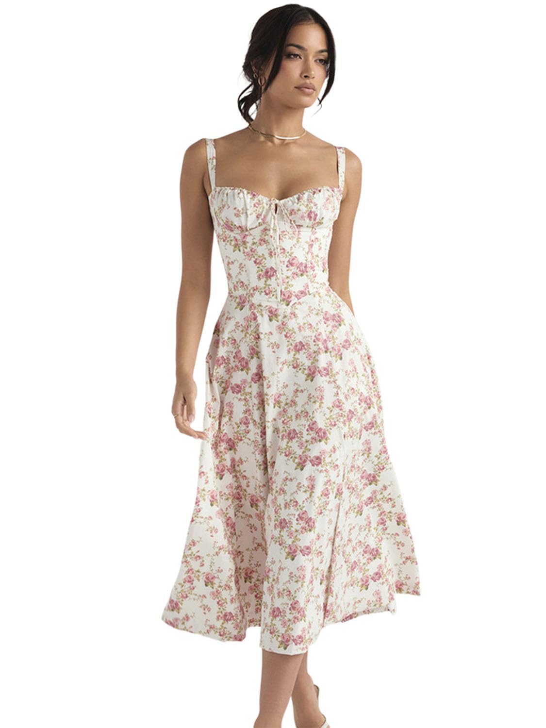 Floral Bustier Midriff Waist Shaper Dress, Women's Print Bustier Sundress, Square Neck Low Cut Sexy Slit Corset Dress