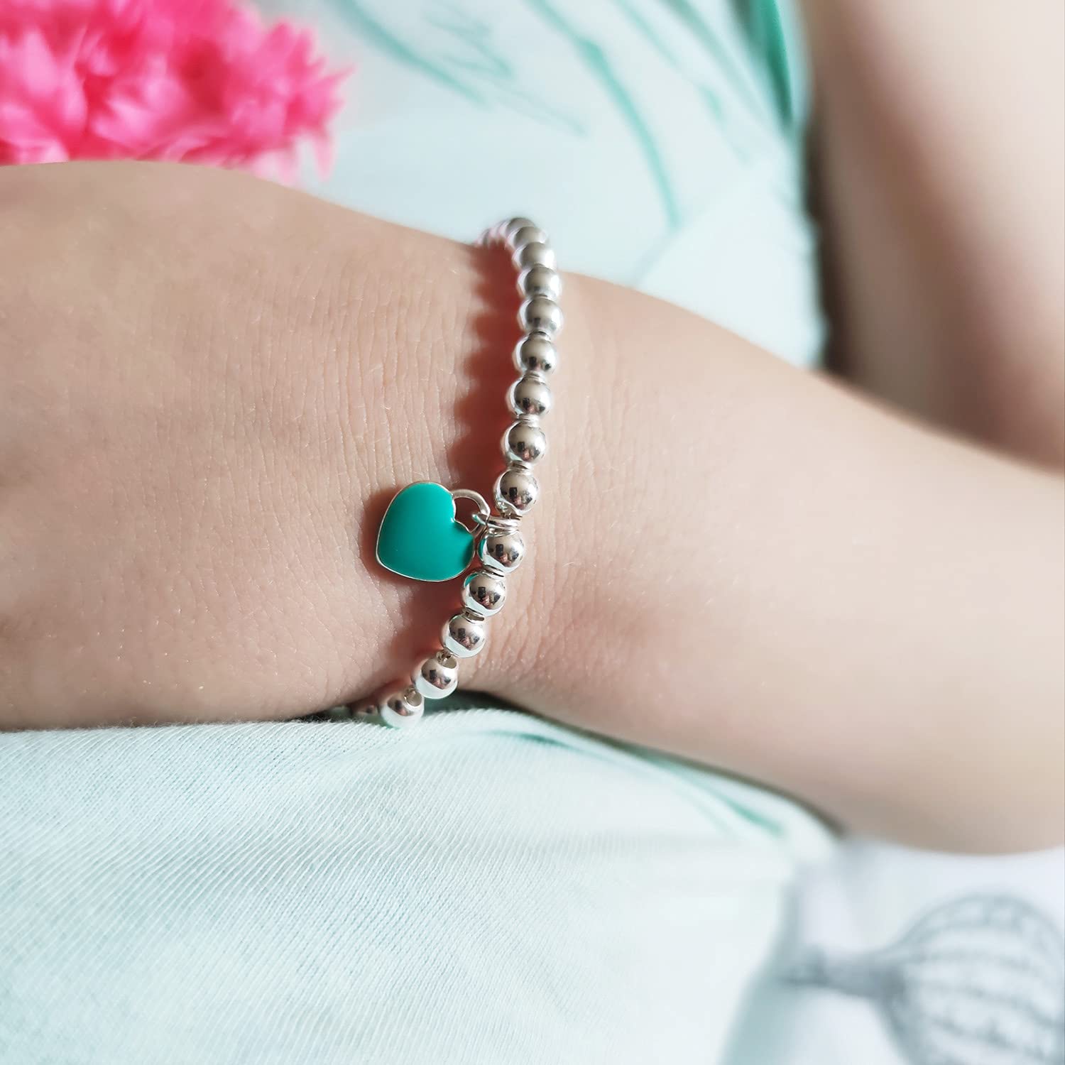ViMon gioielli| Bracciale a Palline grandi 4mm,in Argento vero 925 con ciondolo Cuore smaltato Colorato azzurro turchese