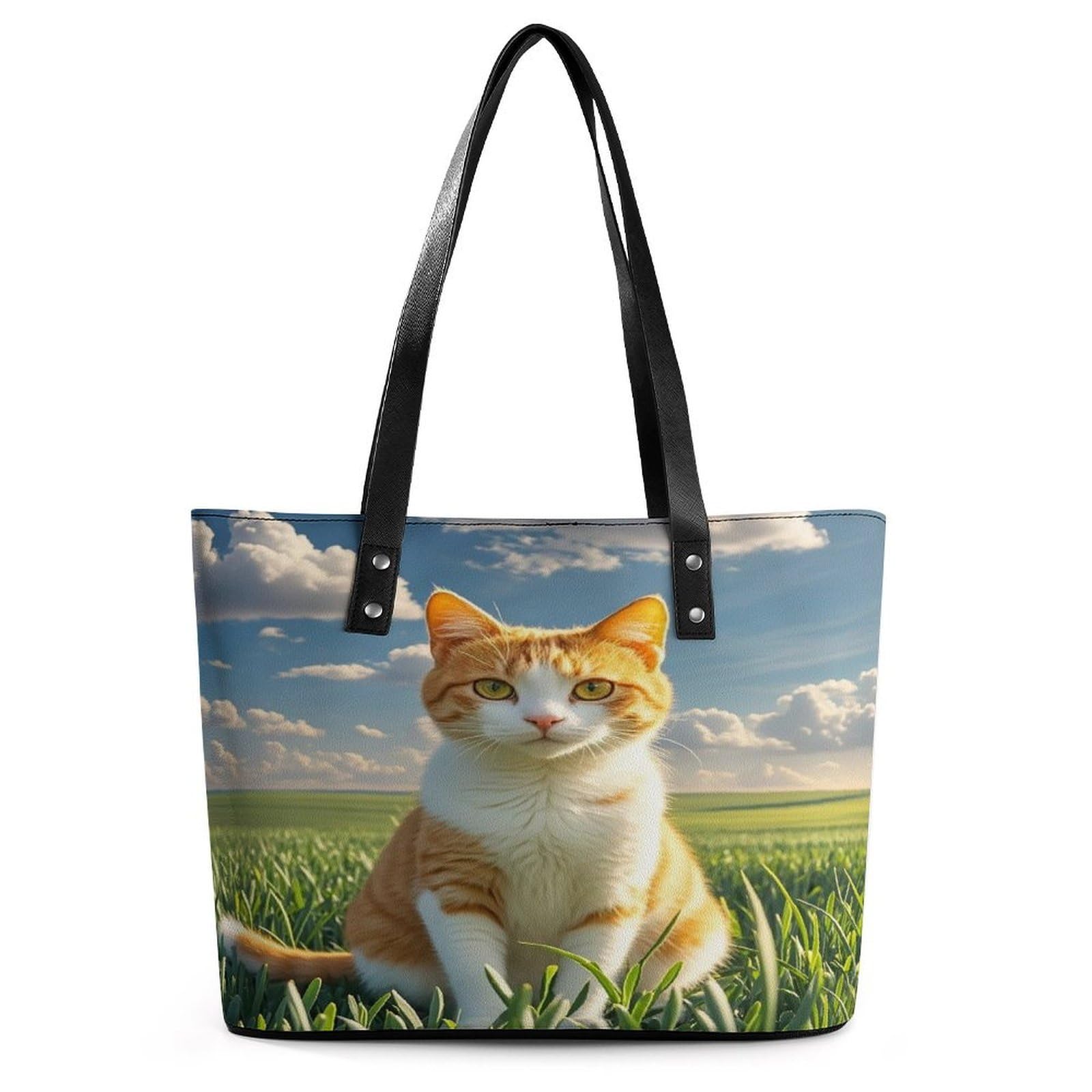 Cat Sitting in Green Field Handbag for Women Leather Tote Bag Exquisite Satchel Bags for Leather Ladies Handbag