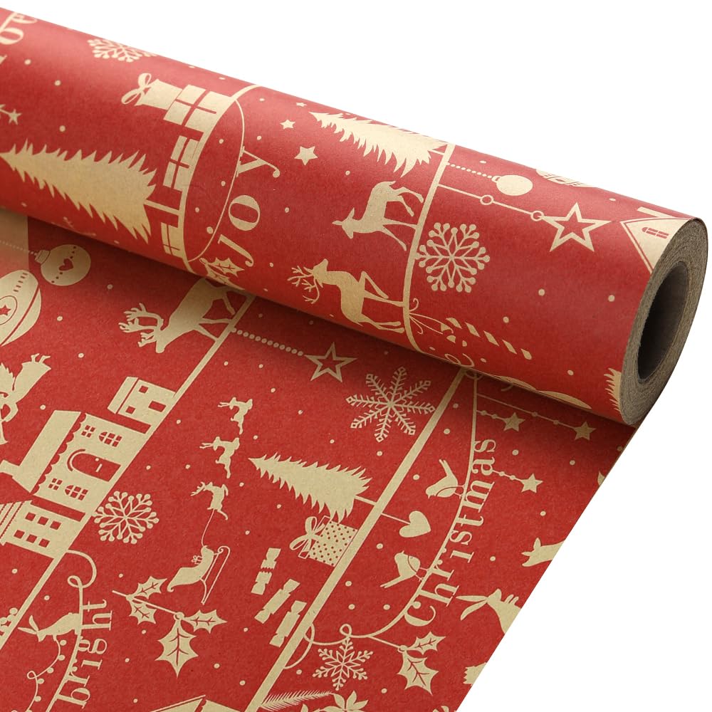 HANGDENGO Christmas Reindeer & Snowflake Gift Wrap Paper - 17"x393" Roll, Perfect for Gift Boxes & Holiday Party Decorations