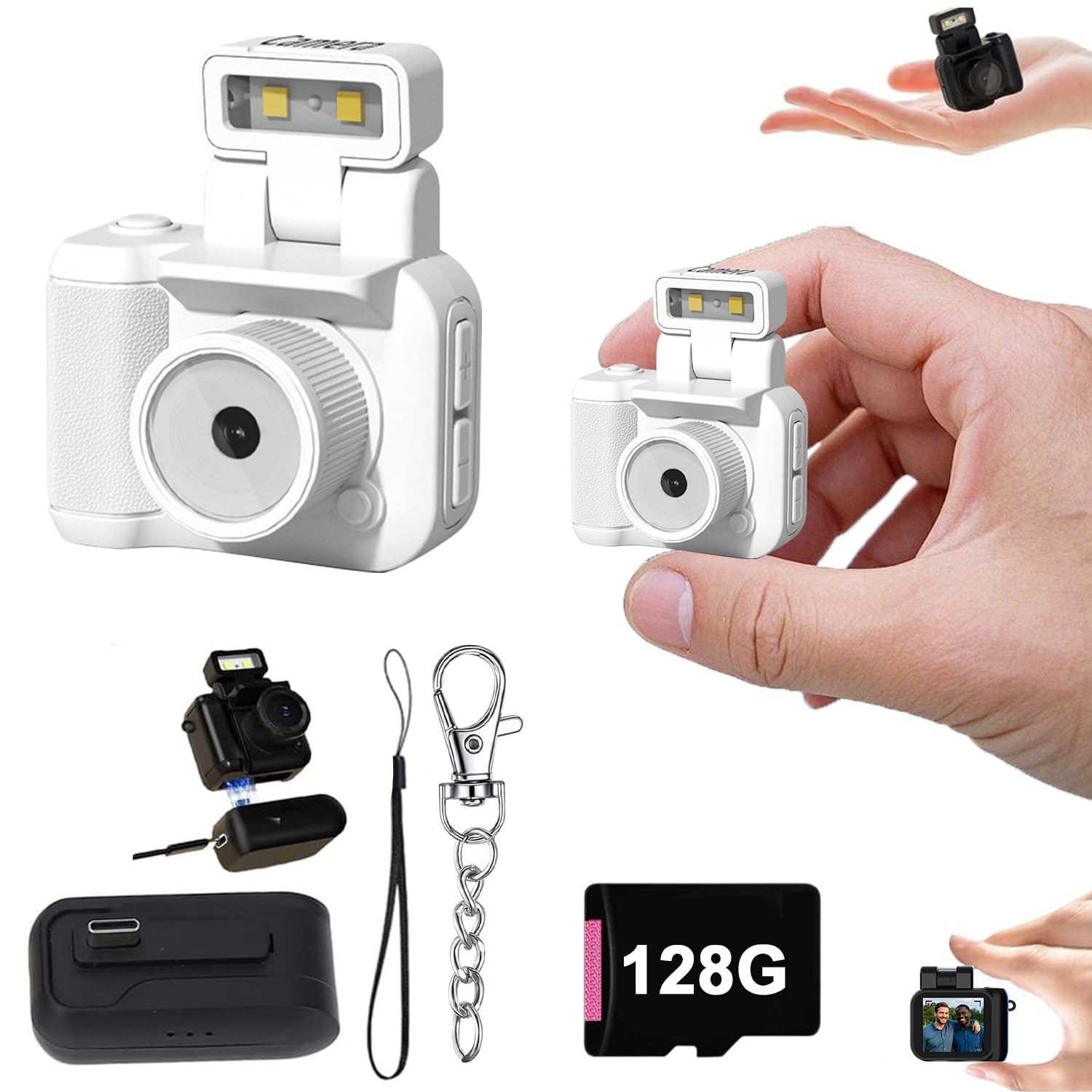 Cámara retro a presión, mini cámara de visión vintage nostálgica, cámara de fotos digital con llavero, mini CáMara Retro, 1080p HD con luz de flash LED (blanco 128G)