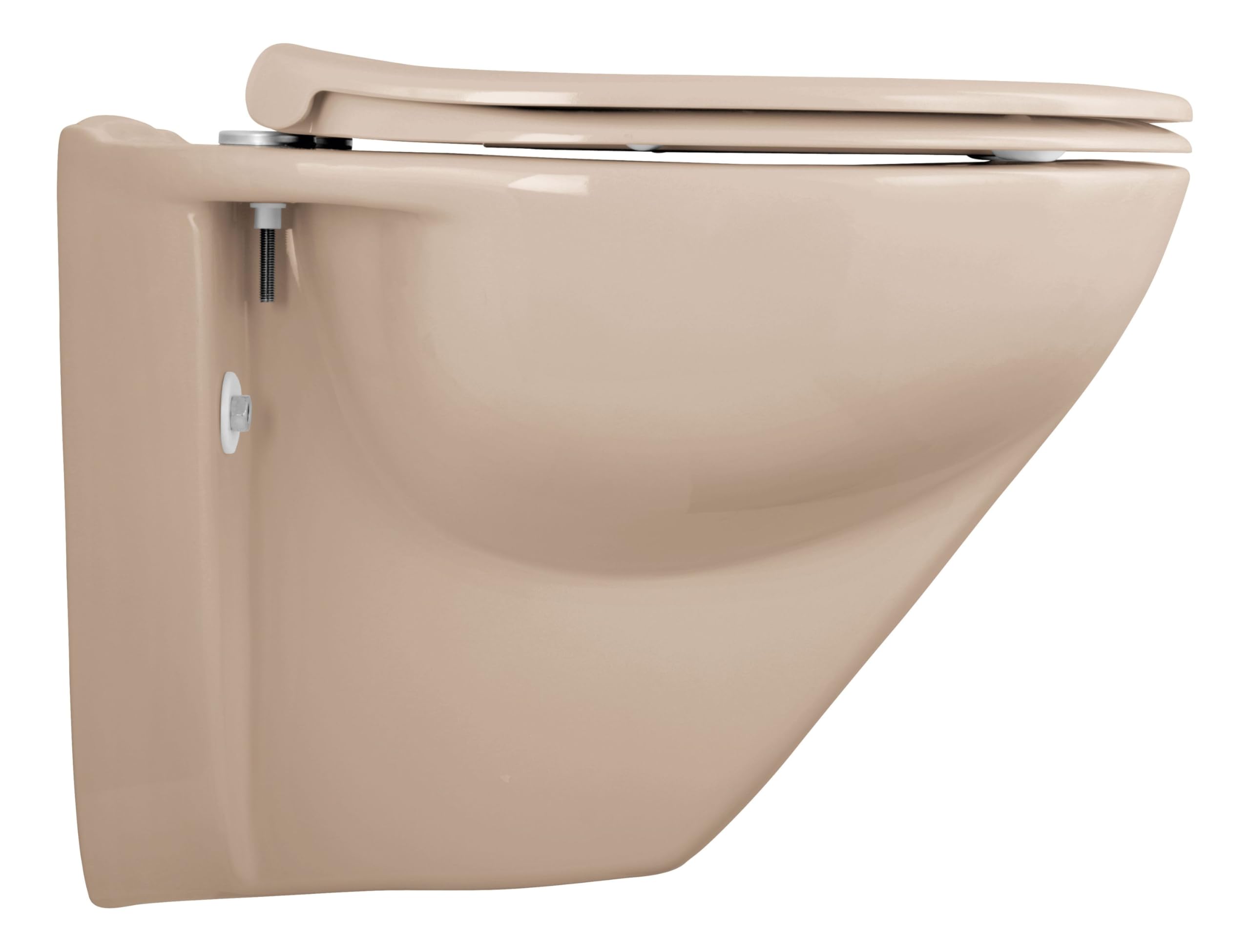 Calmwaters® Erhöhtes Wand WC spülrandlos Modern Plus mit Toilettendeckel, +6 cm Erhöhung, erhöhte Toilette inkl. abnehmbarem WC Sitz mit Absenkautomatik und Fast-Fix, Komfort Tiefspüler, Bahamabeige