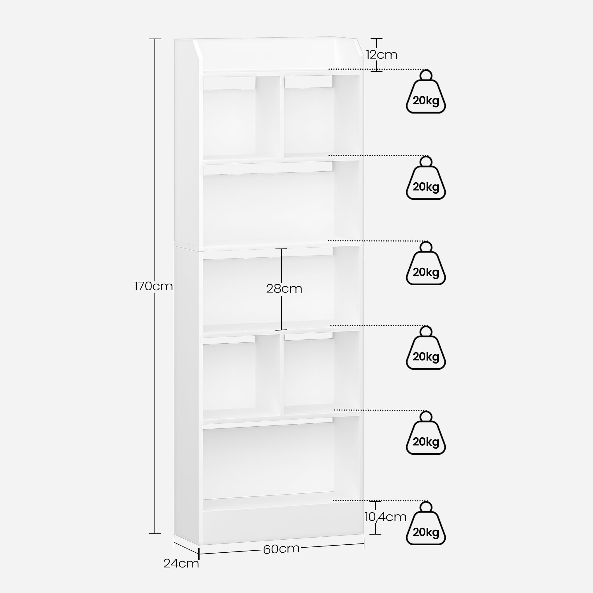 Hzuaneri Bücherregal, Bücherschrank, mit 6 Fächern, Aufbewahrungsregal, Standregal, für Wohnzimmer, Büro, Schlafzimmer, 24 x 60 x 170 cm, Weiß BC11103X