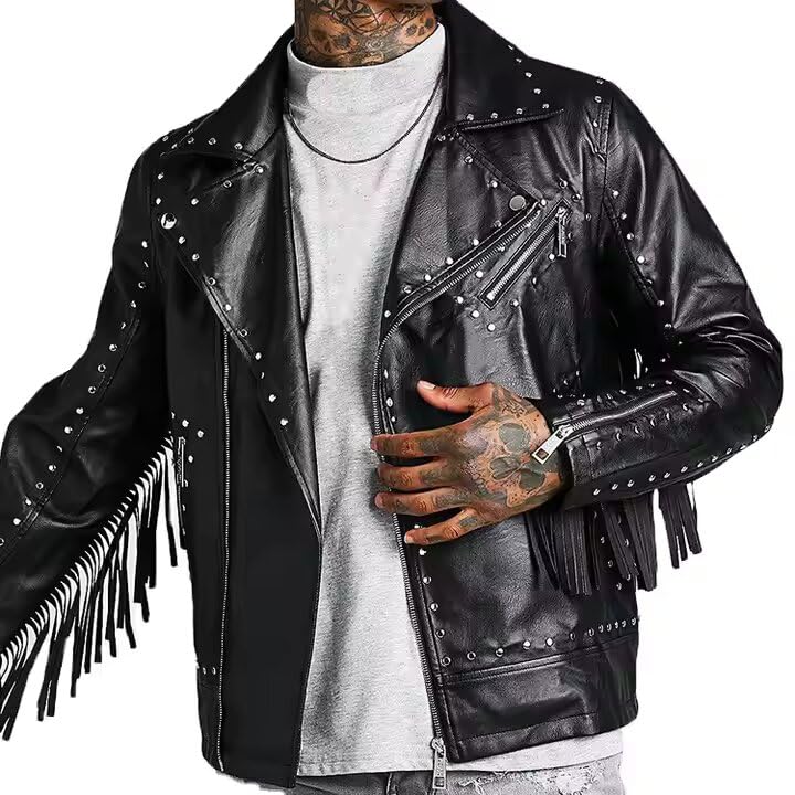 Men's Traditional Native American Fringe Brando Studded Leather Jacket - Western Cowboy Native American Fringe Leather Jacket