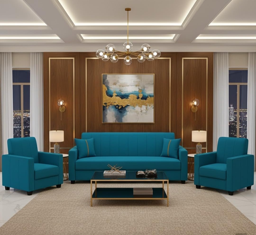 FURNY Cosmos 5 Seater Fabric 3+1+1 Sofa Set (Aqua Blue) Premium Velvet Finish | Durable Comfort | Ideal for Living Room