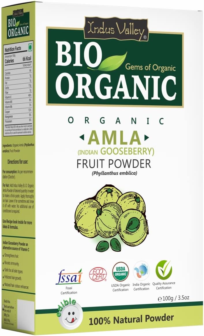 INDUS VALLEY Bio Organic 100% Natural Amla (Indian Gooseberry) Fruit Powder for Hair Growth, Skin Care, Drinking & Eating, Rich in Antioxidants – 100g