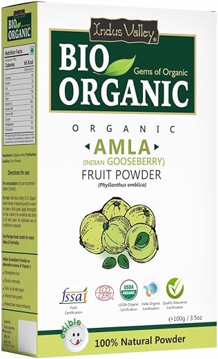 INDUS VALLEY Bio Organic 100% Natural Amla (Indian Gooseberry) Fruit Powder for Hair Growth, Skin Care, Drinking &amp; Eating,...