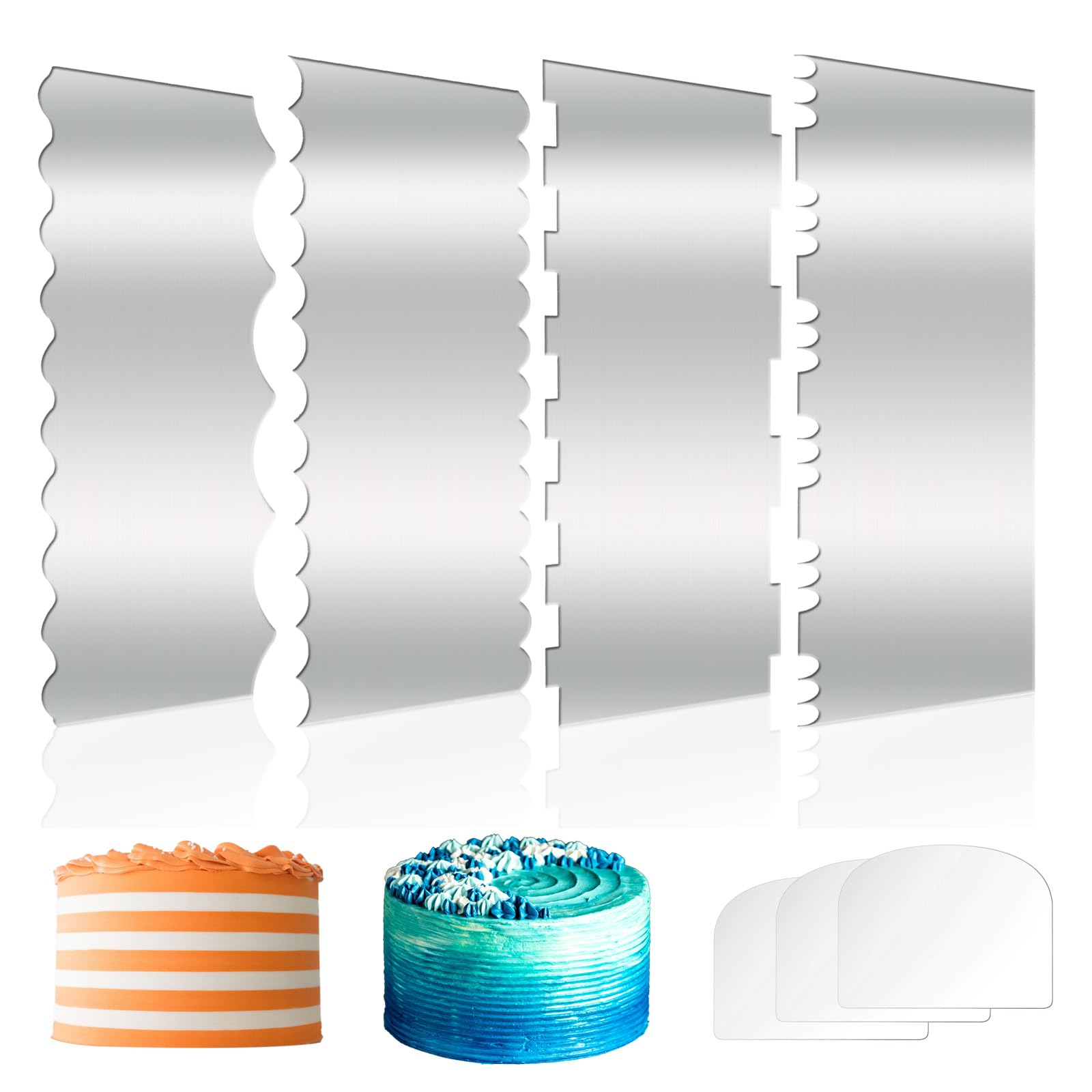 4 raspadores de tartas de acero inoxidable de 10 pulgadas, alisadores de pasteles con doble borde, tiras estampadas, peine de contorno para decoración de pasteles de crema de mousse