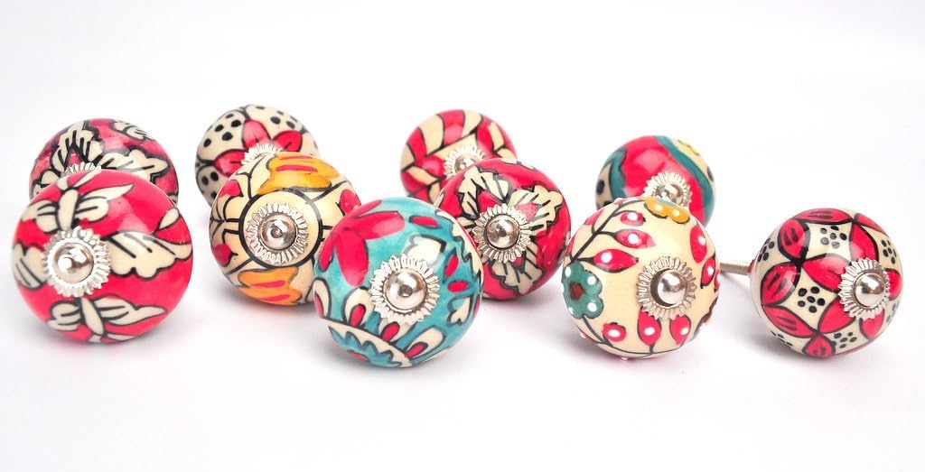 PARIJAT Handicraft Ornate Red Floral Ceramic Knobs for Cabinets & Cupboards - Hand Painted Pulls