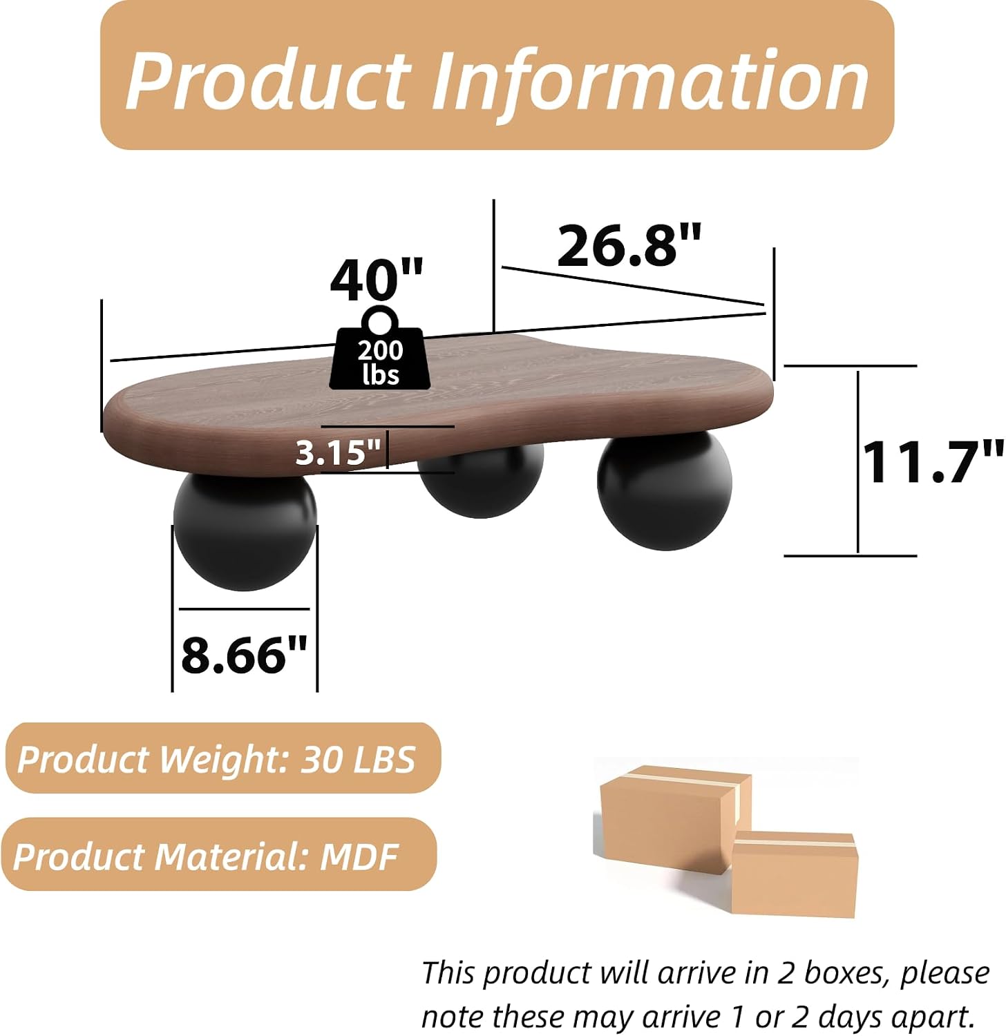 40" Cloud Coffee Table with Round Edge, Modern Coffee Table with 3 Ball Legs, Accent Unique Center Tables for Living Room, Balcony, for New Home, Easy Assembly, Walnut Top Black Legs