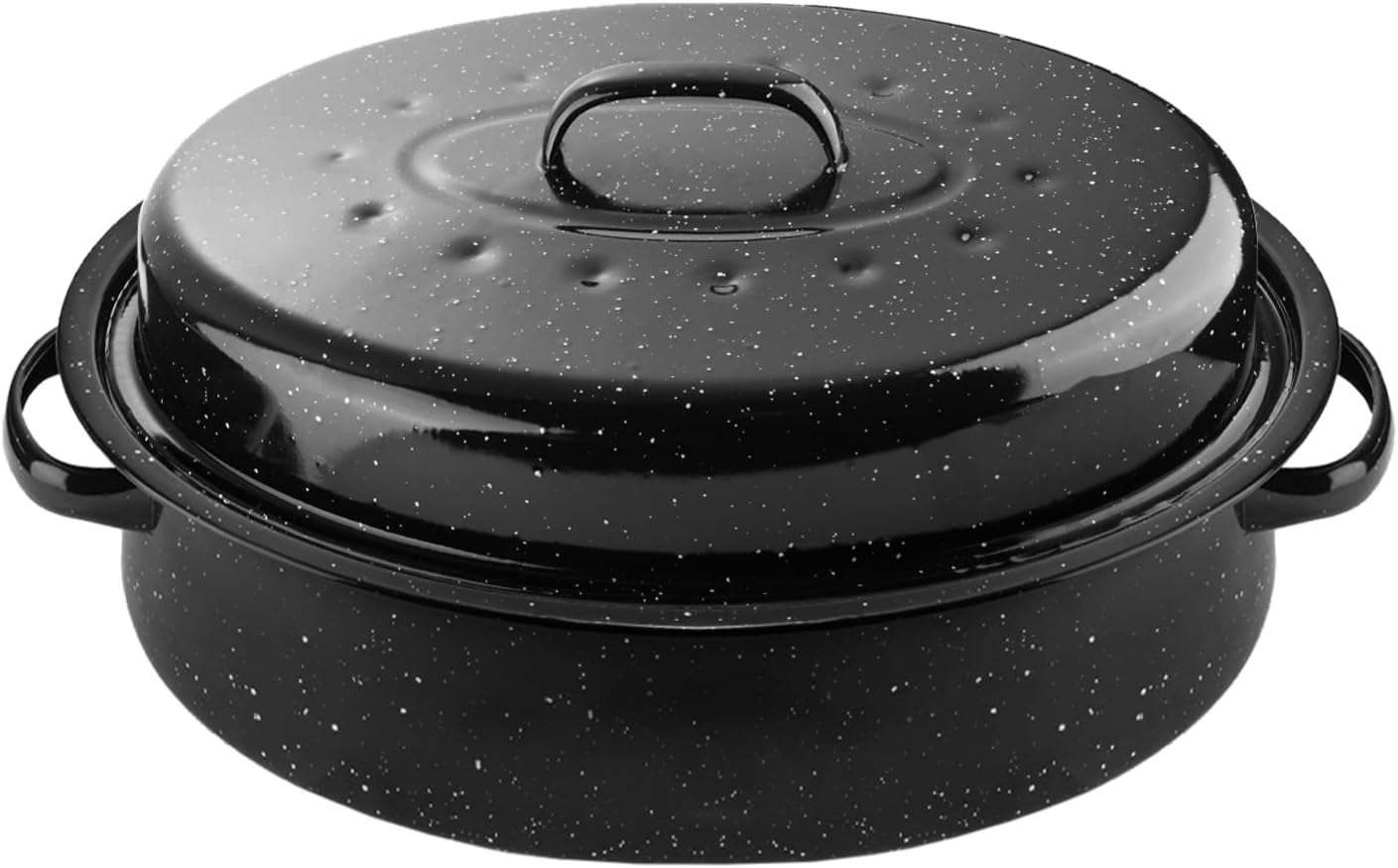 DIMESHY 18Inch Roasting Pan, Enamel on Steel, Black Covered Oval Roaster Pan with Lid, Large Cookware for Turkey, Small Chicken, Roast Baking Pan.