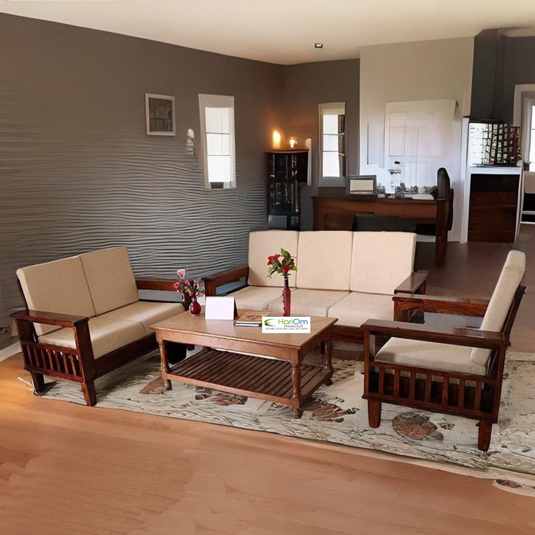 Hariom Handicraft KendalWood Furniture Natural Brown Finish Solid Sheesham Wood 3+2+1 6 Seater Sofa Set with Cushions-image-49