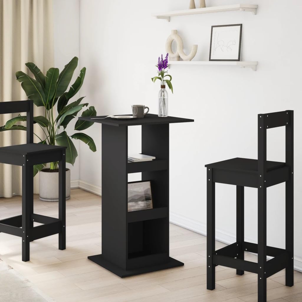 Table de bar avec étagères - Noir - 60 x 60 x 102 cm - En bois - Polyvalente - Pour salle à manger, cuisine, salon, restaurant