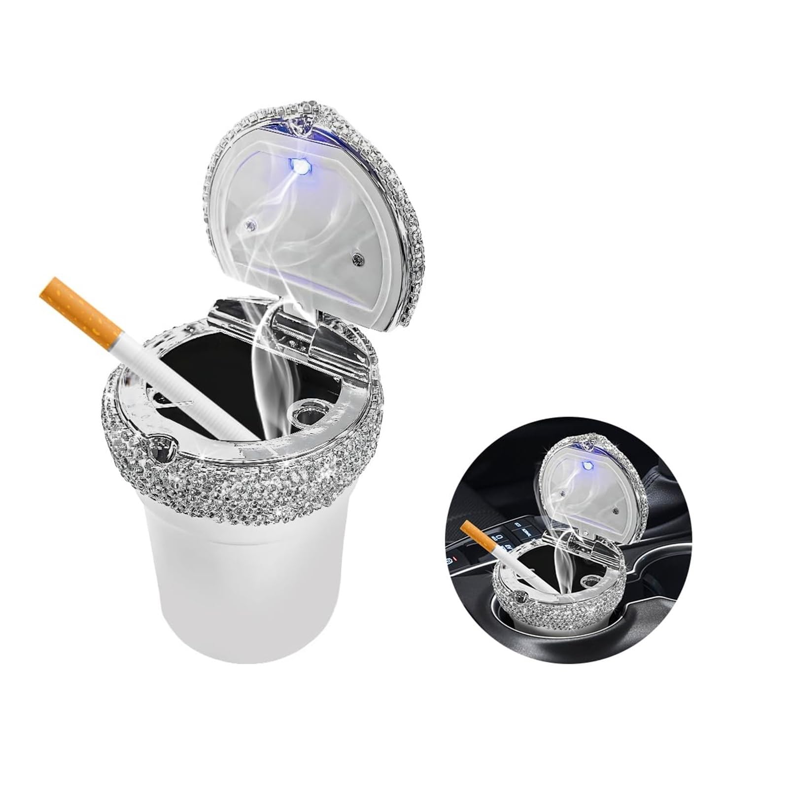 Bling Portable Ash Tray Cup Holder With LED Light Indicator, Car Ashtray With Lid, Sparkle Cigarette Smokeless Cylinder Ash Holder(White)