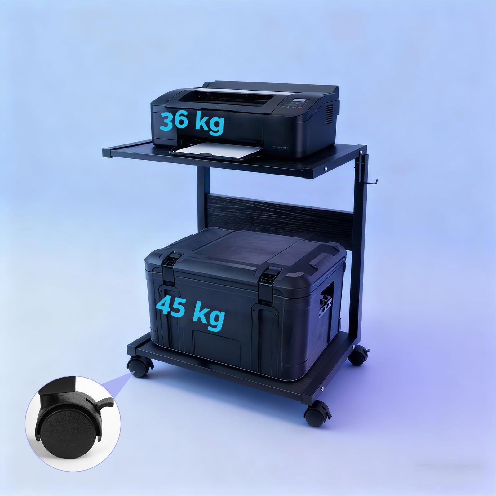 Porta PC con Rotelle, Supporto per Computer Tower Regolabile in Altezza | Mobile per Stampante con 4 Ganci, per Scrivania e Pavimento (58.5-72 cm)