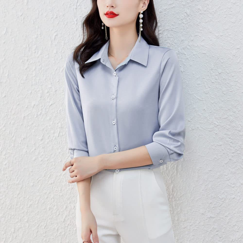 Camisa Informal De Manga Larga,Elegantes Camisas De Solapa con Botones para Mujer Elegantes Mangas Largas Soild Túnica Camisa De Gasa Confort Camisa Brillante Tops Sexy Oficina Informal Blusa De Neg