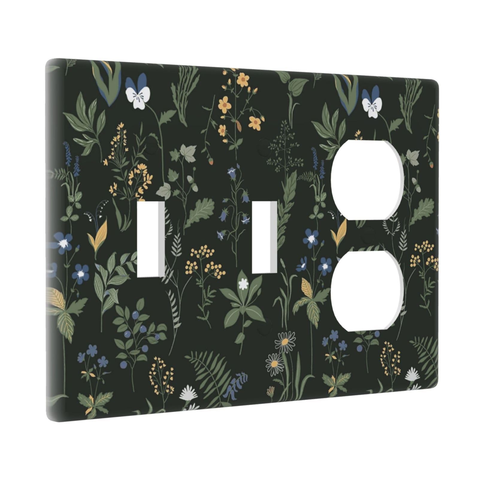 Black Vintage Floral Botany Flower 3 Gang 2 Toggle 1 Duplex Combination Light Switch Cover Decorative Triple Toggle Switch Face Wall Plate Room Decor