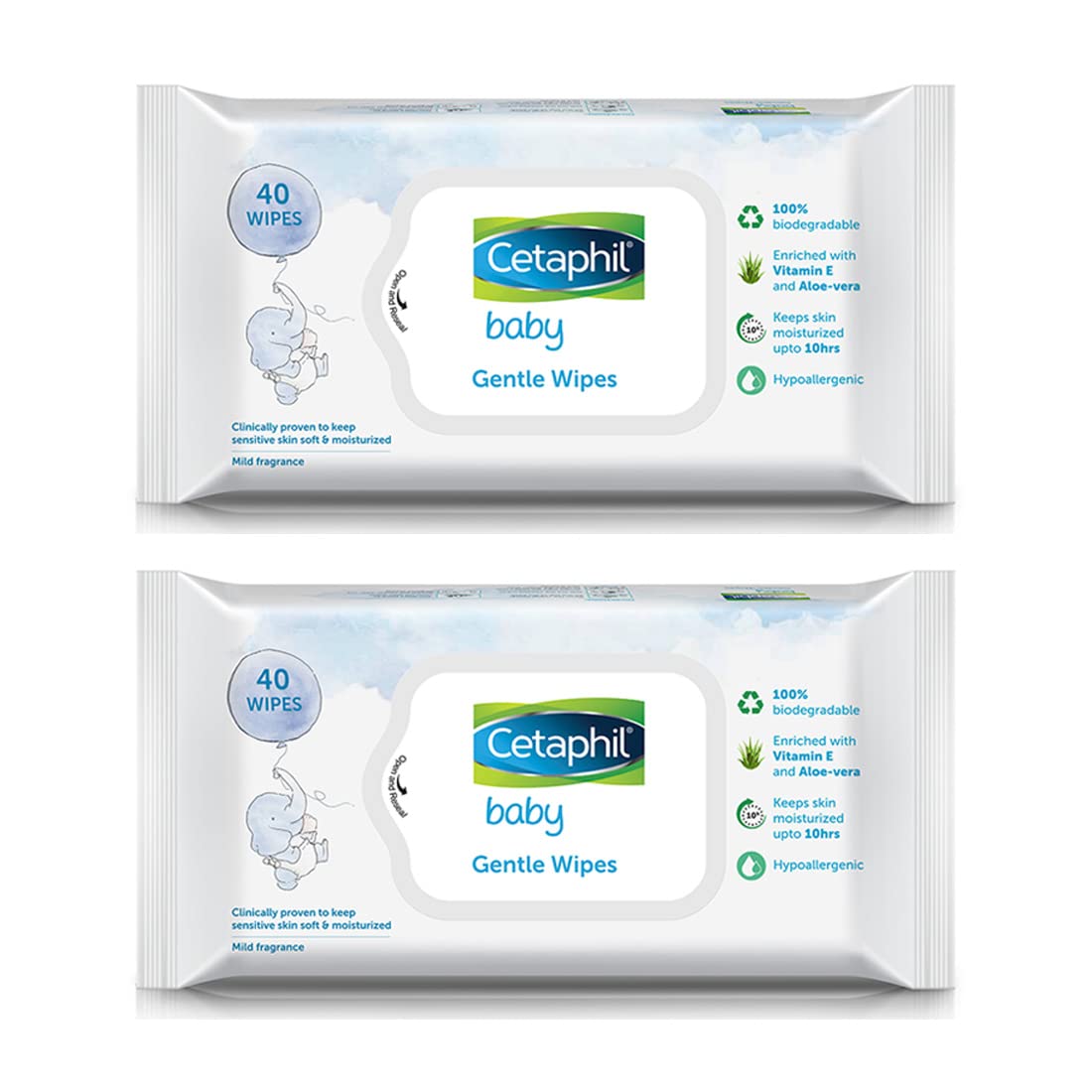 Cetaphil Baby Gentle Wipes 40's with Aloevera & Vitamin E, 10 hrs Moisturisation - 100% Biodegradable - (Pack of 2)