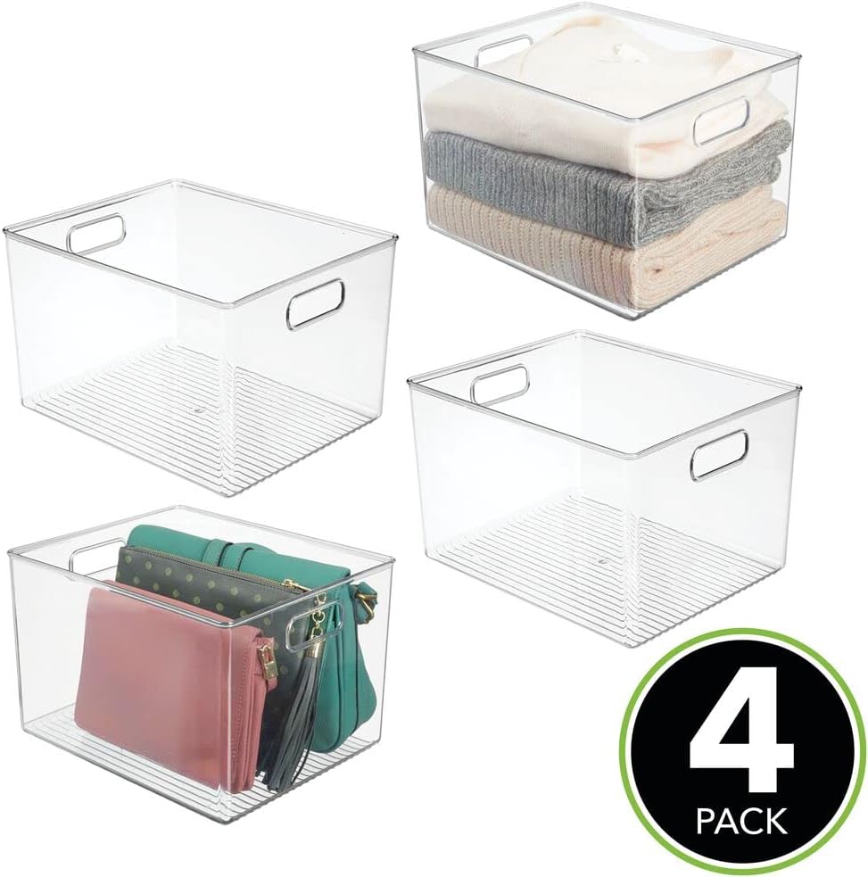 Flash Sale mDesign Plastic Storage Organizer Container Bin, Closet Organization for Hallway, Bedroom, Linen, Coat, and Entryway - Holds Clothing, Blankets, and Accessories, Ligne Collection, 4 Pack, Clear Holiday Deals π mDesign Plastic Storage Organizer Container Bin, Closet Organization for Hallway, Bedroom, Linen, Coat, and Entryway - Holds Clothing, Blankets, and Accessories, Ligne Collection, 4 Pack, Clear